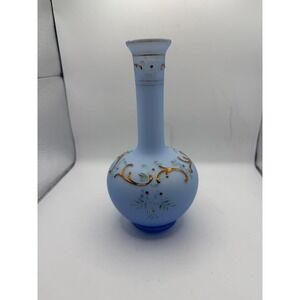 Vintage Light Blue Satin Frosted Glass Bud Vase Hand Painted Gold Gilt 8 Inch